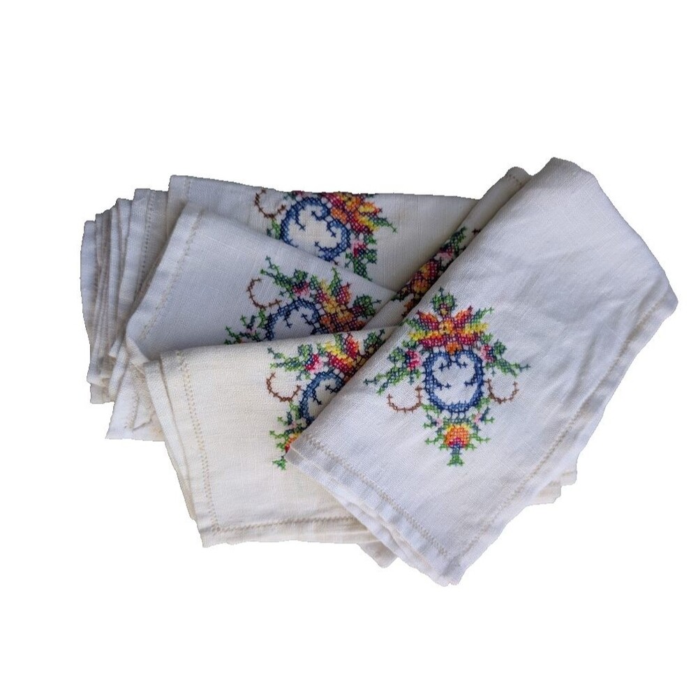 Vintage Linen Napkins Set Cross Stitch Floral Embroidery Hemstitch 15in Lot 7
